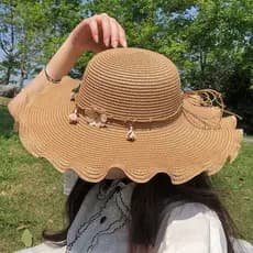 Chapéu de Palha para Mulheres, Chapéu de Praia com Aba Larga, Borda Ondulada, Chapéu de Proteção Solar, Cobertura Facial
