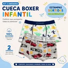 Kit 2 Cueca Boxer Infantil Menino Algodão Básica Estampada 539-K2