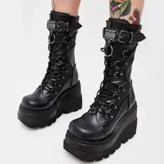 Botas De Inclinação E Cavaleiro , Femininas Europeias Americanas , Novo Estilo Punk Grande , Fundo Grosso , Cano Médio