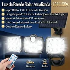 Refletor Solar LED Externo 138 Lâmpadas Sensor Movimento Controle Remoto Jardim Garagem