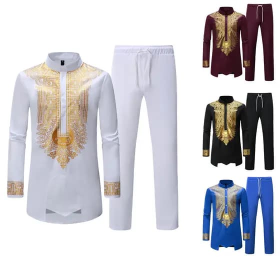 Conjunto Tradicional de 2 Peças Estilo Africano para Casamento Masculino Impressão Metálica Dashiki Agbada Calças Terno