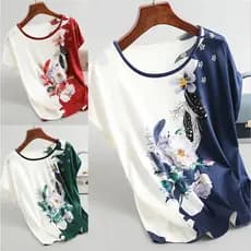Blusa Feminina Plus Size Solta Estampada de Manga Curta em Seda Gelada 0712 ALTN