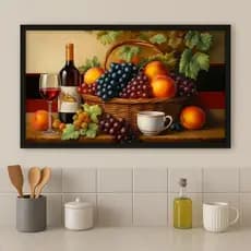 Quadro Parede Sala ou Cozinha – Cesta de Frutas com Taça de Vinho