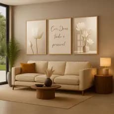 Kit 3 Quadros Decorativos Com Deus Tudo é Possível Flores Brancas Tons Neutros para Sala