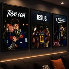 Kit 3 Quadros Neymar Barcelona Jesus Futebol Decorativo
