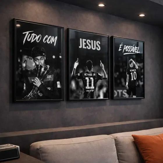 Kit 3 Quadros Motivacionais Futebol Neymar Frase Religiosa Decorativo Parede Quarto Sala
