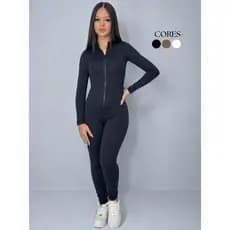 Macacão Canelado Feminino Virginia Manga Longa E Calça Ziper Premium Moda Gringa Casual Fitness