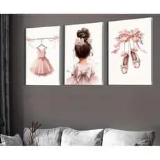 kit 3 quadros decorativos modernos infantil bailarina vestido sapatinho lacinho rosa 3 peças decoração de parede quarto