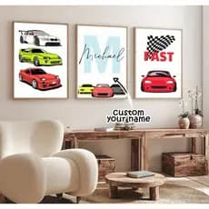 KIT 3 QUADROS DECORATIVOS MODERNOS INFANTIL PERSONALIZADO CARROS ESPORTIVOS SUPRA 3 PEÇAS DECORAÇÃO DE PAREDE QUARTO