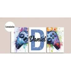 Kit 3 quadros decorativos personalizado infantil moderno 3 peças controle gamer criança videogame decoração de parede