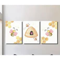 kit 3 quadros decorativos modernos infantil abelhas colmeia mel abelhinha 3 peças mdf decoração de parede quarto sala