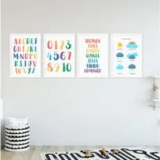 KIT 4 QUADROS DECORATIVOS PEDAGOGIA ALFABETO COLORIDOS NUMEROS ESCOLAR CRIANÇAS