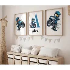 KIT 3 QUADROS DECORATIVOS MODERNOS INFANTIL PERSONALIZADO NOME MOTOQUEIRO TRILHA MOTO TRILHEIRO MDF
