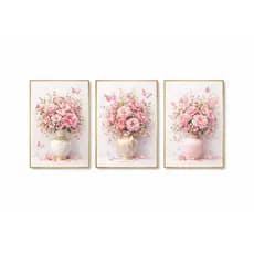 Kit 3 Quadros Decorativos Moderno Elegante Grande Para Sala Vaso De Flores Rosas Borboletas 3 Peças