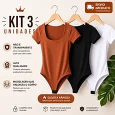 Kit 3 Body Feminino Decote Quadrado Manga Curta Tecido Suplex Forro Duplo Blusa Manguinha