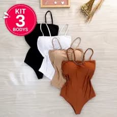 Kit de 03 Body Feminino Alça Fina com Bojo Decote Reto Suplex