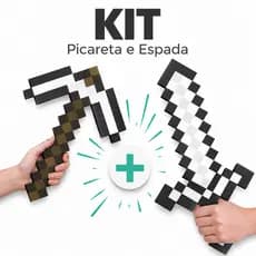 Kit Espada + Picareta Pixel Diamante Mine em 3D | Decoração Infantil Seguro Gamer