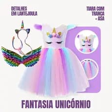 Vestido Infantil Unicórnio e Tiara com Trança e Asas Arco-Íris – Carnaval e Festas