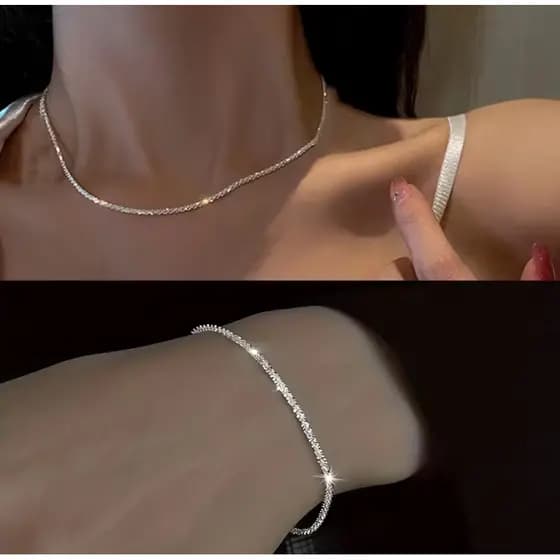 Colar e Pulseira De Prata Conjunto Brilhante 2 Peças para Mulheres - Colar e Pulseira Minimalista