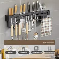 Suporte Organizador Utensílios Cozinha Ganchos Espátulas Concha Tesoura Faca Pendura Parede Pano