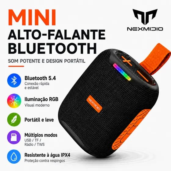Caixa de Som Bluetooth Nexmidio MD-B05 LED RGB Portátil A Prova D'água Bluetooth 5.4