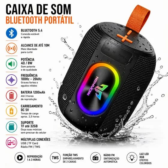 Caixa de Som Bluetooth 5.4 Portátil RGB Som Potente USB TF Rádio FM TWS Bateria Duradoura