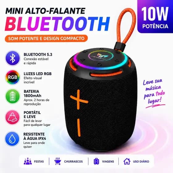 Caixa de Som Bluetooth Portátil Mini com RGB Bluetooth 5.3 A Prova D'água Luzes Coloridas MD-B08