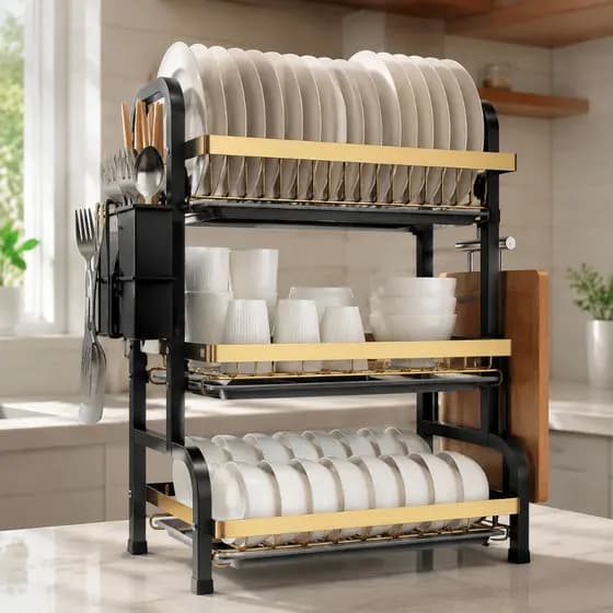 52CM Escorredor De Louça Inox 3 Andares Grande Capacidade Organizador De Pratos Talheres Copos Para