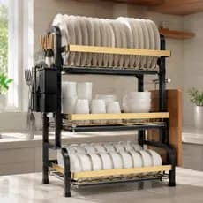 52CM Escorredor De Louça Inox 3 Andares Grande Capacidade Organizador De Pratos Talheres Copos Para