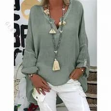 Casual Manga Longa Algodão E Linho Blusa Solta Mola V Pescoço Irregular Camisa Vintage Tops Sobredimensionados