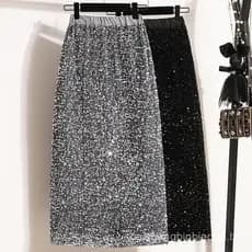 Saia de Lantejoulas Plus Size Primavera Nova Alta Qualidade Brilhante Cintura Alta Comprimento Médio T126