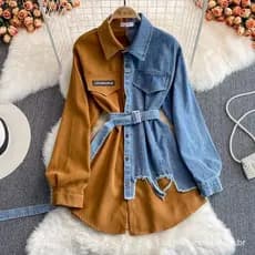 Vestido Curto de Veludo para Mulheres com Costura em Jeans 2024 Outono Inverno Novos Vestidos Irregulares de Comprimento