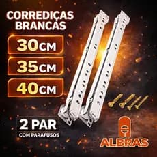 Kit 4 Corrediça Trilho Branca Gaveta 30cm 35cm ou 40cm Extra 2 Par - Com ou Sem Parafusos - Super Entrega Rápida