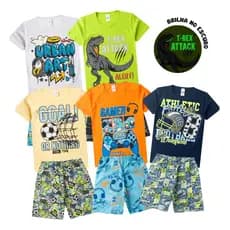 Kit 3 Conjuntos Pijama Algodão Verão Juvenil MENINO 10 ao 16 Brilha no Escuro