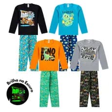 Kit 2 Conjuntos Pijama Longo Algodão Juvenil MENINO 10 ao 14 Brilha no Escuro