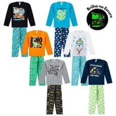 Kit 4 Conjuntos Pijama Longo Algodão Juvenil MENINO 10 ao 14 Brilha no Escuro