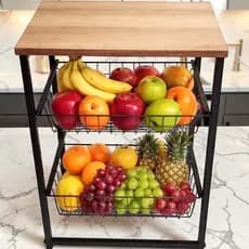 Fruteira De Chão e Bancada 2 Cestos Em Aço Cozinha Suporte Bebedouro Air Fryer MDF Amadeirado Multiuso