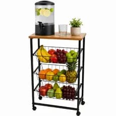 Fruteira De Chão Em Aço Cozinha Suporte Bebedouro MDF Amadeirado 3 Cestos Deslizante