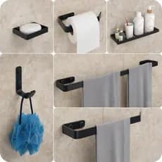 Kit Completo Acessórios Preto Banheiro Premium 6 Peças Porta Sabonete Toalha Bucha Shampoo