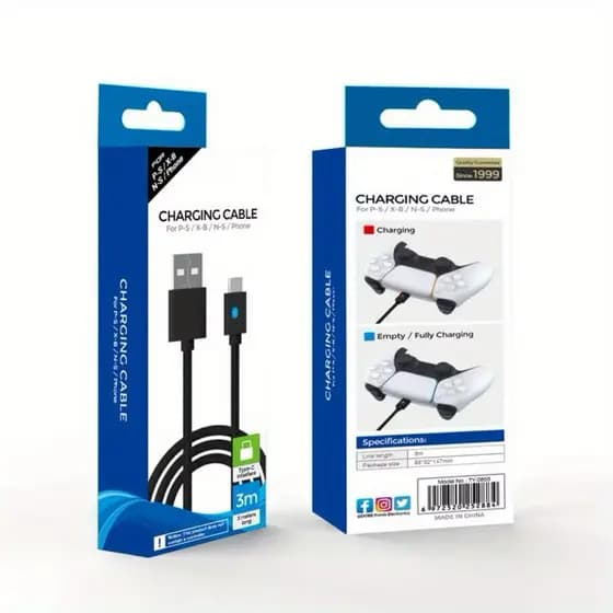 Cabo de Carregamento 3m para Controle PS5 / PS4 / Xbox / Nintendo / Celular Type-c