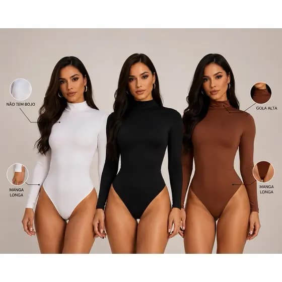 Kit 3 BODY FEMININO MANGA LONGA GOLA ALTA LUXO " Envio imediato "