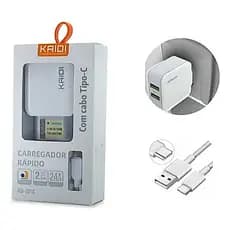 Carregador Rápido Kaidi KD-301C com Cabo Tipo-C 2 USB 24W– Alta Performance
