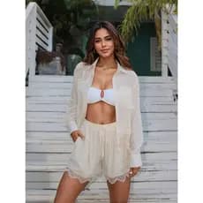 Conjunto de saída de praia feminino de duas peças, blusa e shorts de renda lisa, perfeito para férias, praia