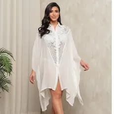 38-52 G/GG camisa praia perder fêmea Camisa de praia de renda bordada de tamanho grande leve transparente e elegante