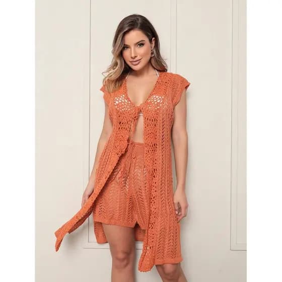 Sem mangas de duas peças beach Wear laranja oco impressão elegante adequado para férias praia primavera verão início do