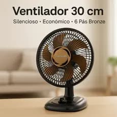Ventilador Turbo de Mesa Silencioso 30cm Preto e Bronze 6 Pás 3 Velocidades