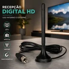 Antena Digital Interna e Externa HDTV UHF VHF FM Base Magnética Cabo 3 Metros Conector F Macho