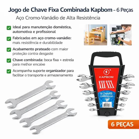 Jogo De Chave Fixa Combinada Kapbom 6 Peças Aço Cromo-vanádio Prateado