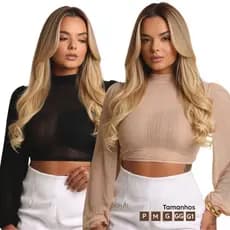 Cropped Tule Manga Longa elegante feminino slim ao plus size Blusa corselet sensual Flare Transparência -BABI