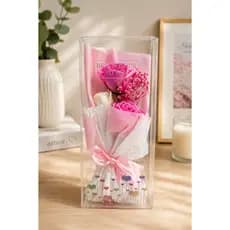 Buquê Decorativo Rosa Com Caixa Transparente - Rosa